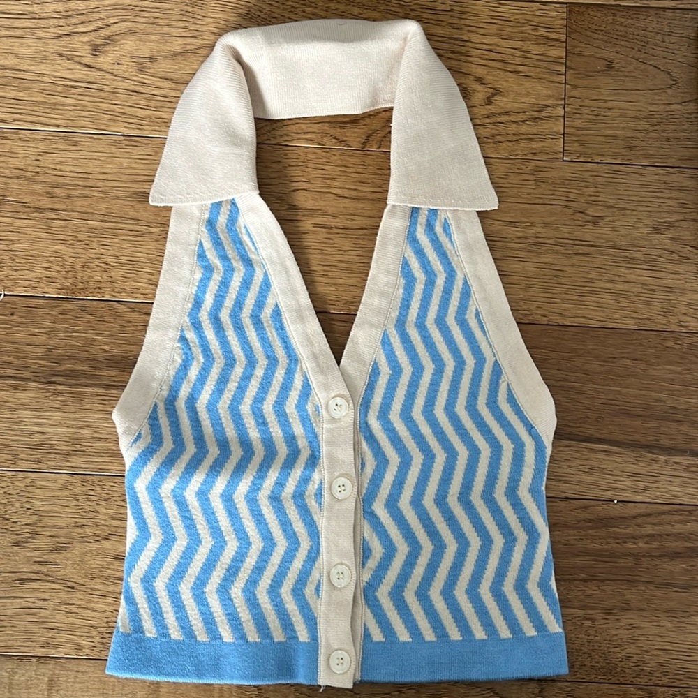 Blue and cream halter style open back top size small